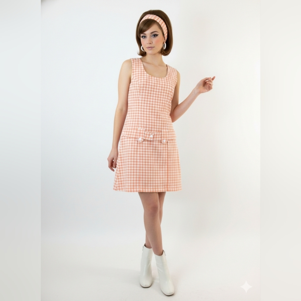 Vintage PROMOD Made in France Orange Gingham Mod Shift Mini Dress XS/S
